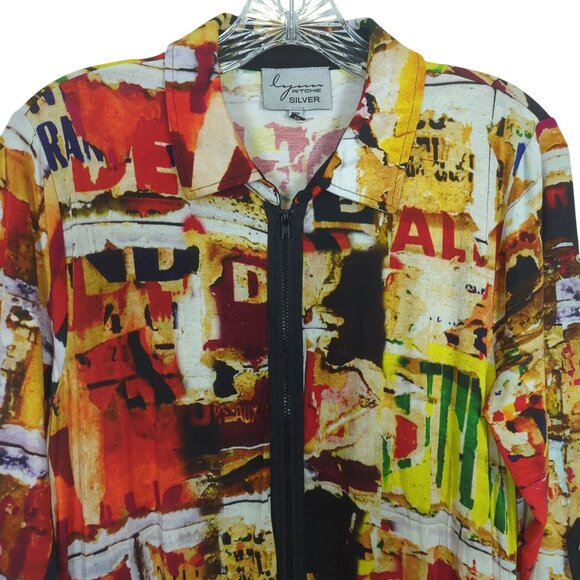 Lynn Ritchie Silver Colorful Abstract Print Open Front zip Top Logan look size M - Picture 10 of 16